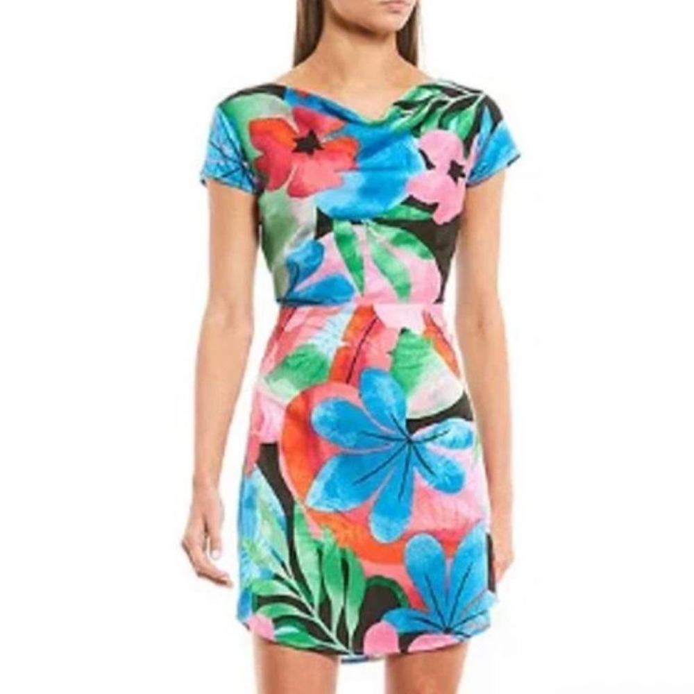 Gianni Bini Tropical Spring Summer Multicolor Satin Contemporary Dress